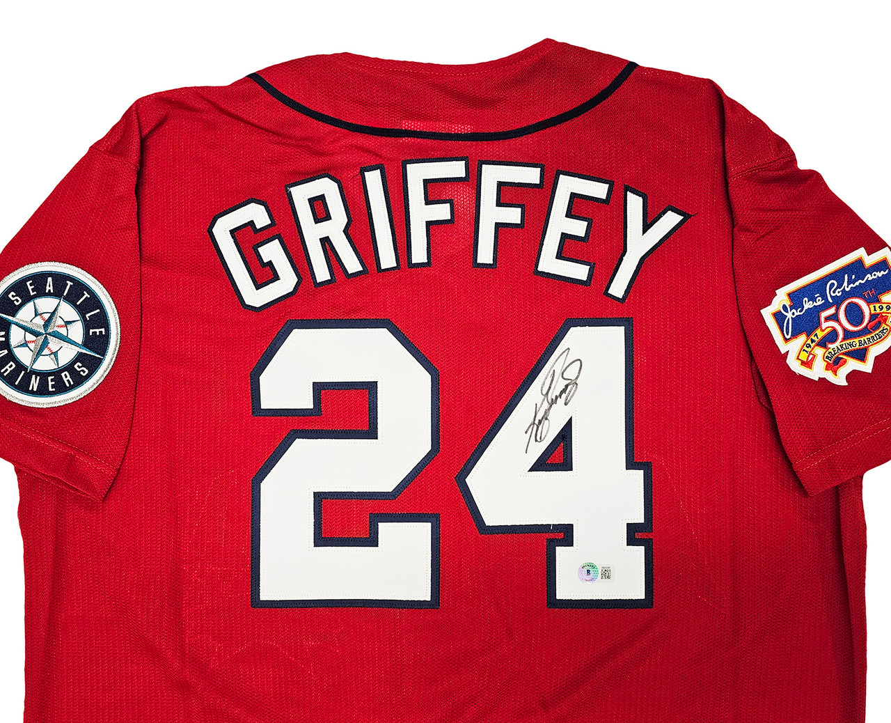 Seattle Mariners Ken Griffey Jr. Autographed Red Authentic Mitchell & Ness  1997 All Star Game Jersey Size XL Jackie Robinson Patch Beckett BAS Witness  Stock #212470
