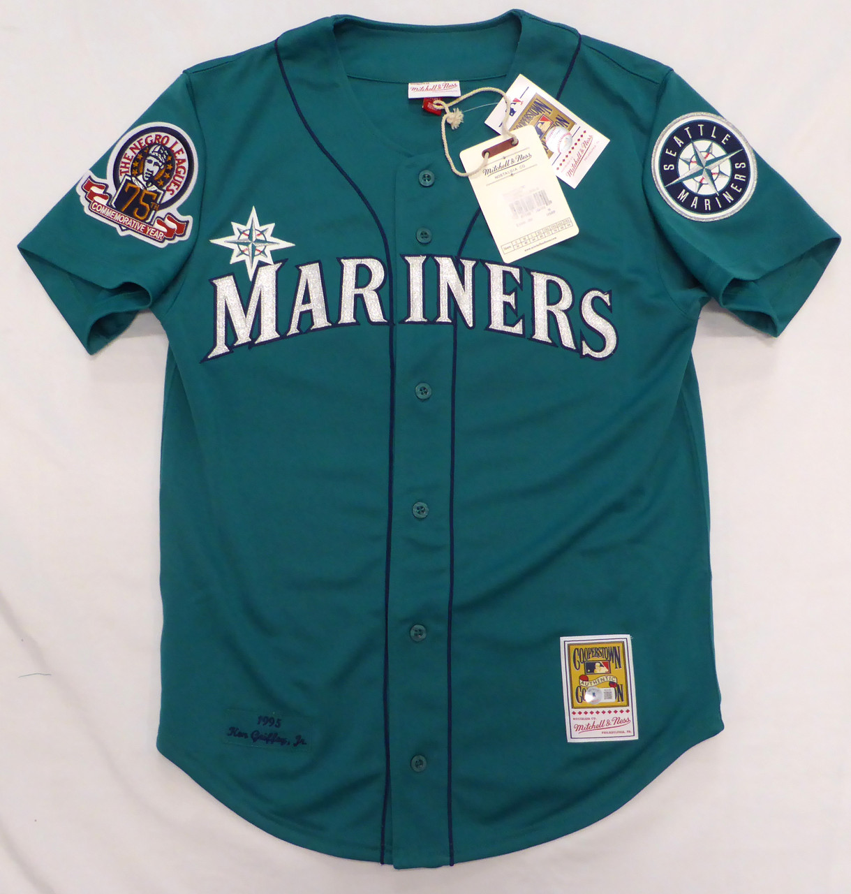 Seattle Mariners Ken Griffey Jr. Autographed Teal Authentic Mitchell & Ness  1995 Authentic Cooperstown Collection Jersey Size XL Negro League Patch