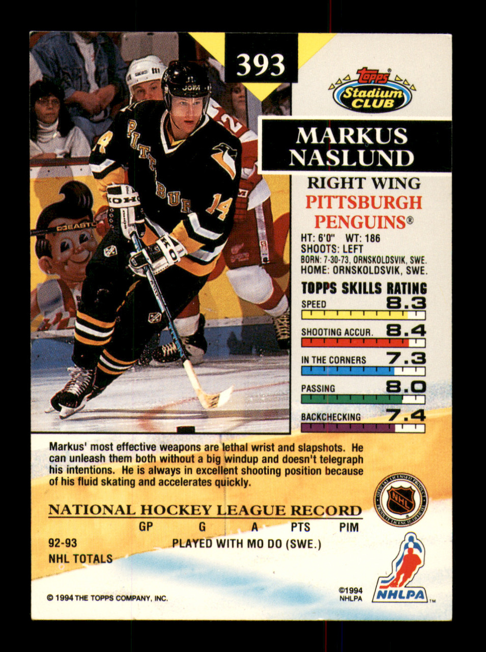 1993-94 Markus Naslund Pittsburgh Penguins Game Worn Jersey