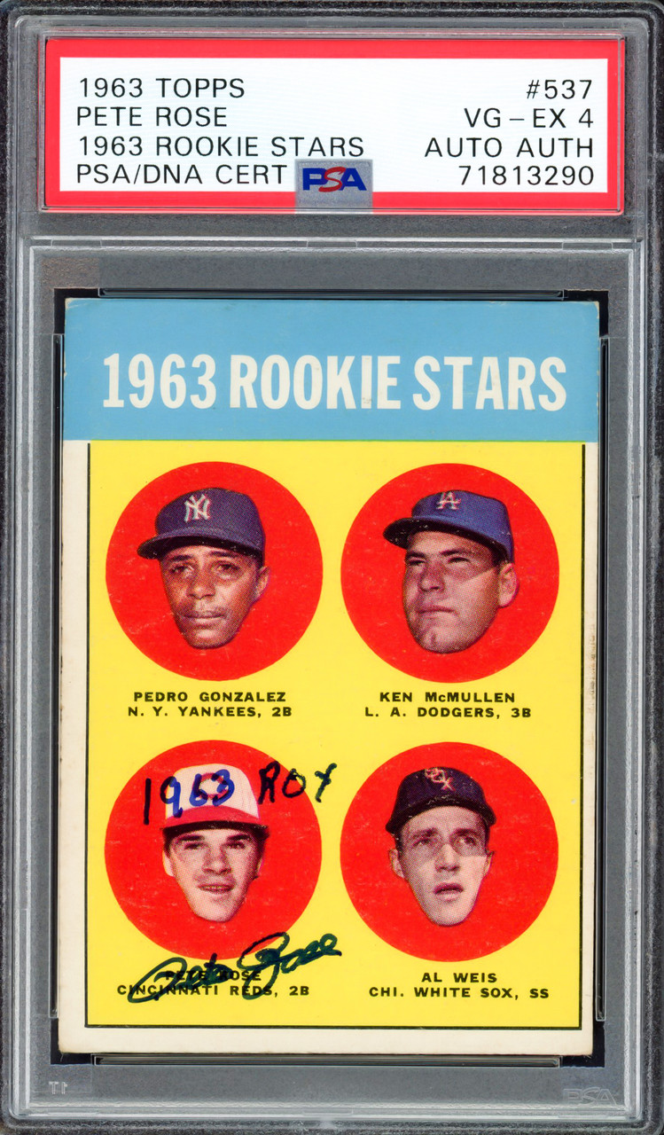 Pete Rose Autographed 1963 Topps Rookie Card #537 Cincinnati Reds PSA 4  1963 ROY PSA/DNA #71813290 - Mill Creek Sports