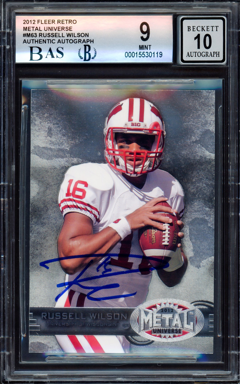 Russell Wilson Autographed 2012 Fleer Metal Universe Rookie Card #M-63 Wisconsin Badgers BGS 9 Auto Grade Gem Mint 10 Beckett BAS #15530119 - Mill Creek Sports Russell Wilson Autographed 2012 Fleer Metal Universe Rookie Card #M-63 Wisconsin Badgers BGS 9 Auto Grade Gem Mint 10 Beckett BAS #15530119 - Mill Creek Sports
