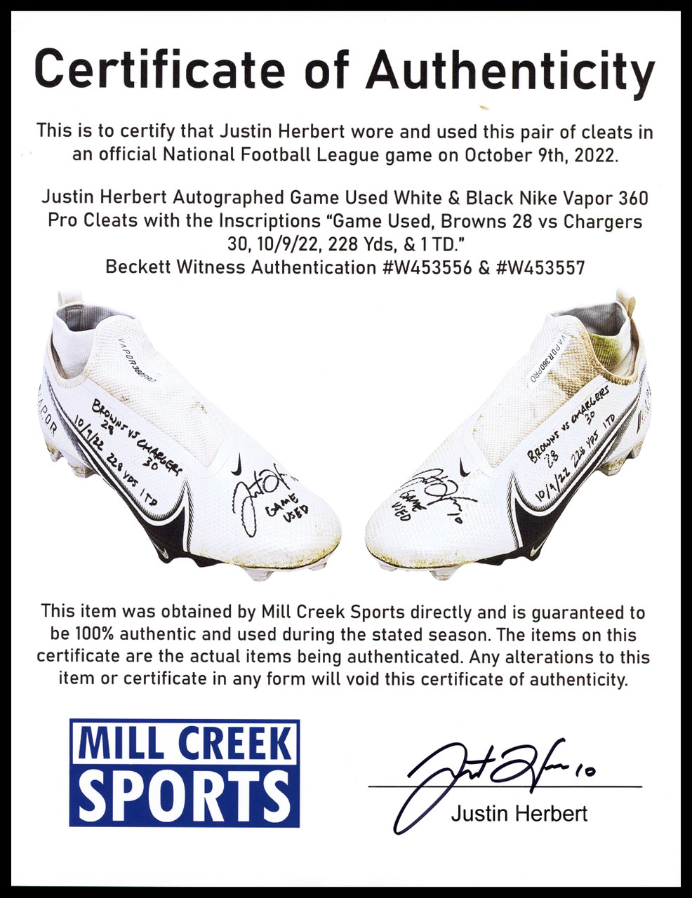 Justin Herbert Autographed Pair Of Game Used White & Black Nike Vapor 360  Pro Cleats Los Angeles Chargers Game Used, Jags 38 vs Chargers 10, 297  Yds, 1 TD, & 9/25/22 Beckett