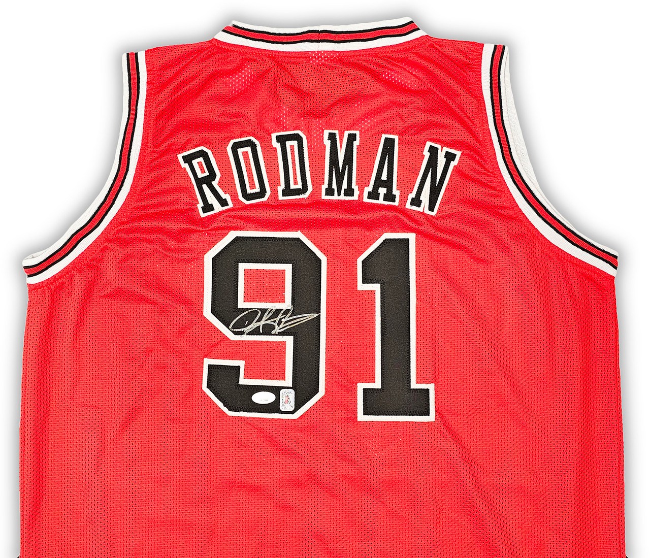 Chicago Bulls Dennis Rodman Autographed Red Jersey JSA Stock