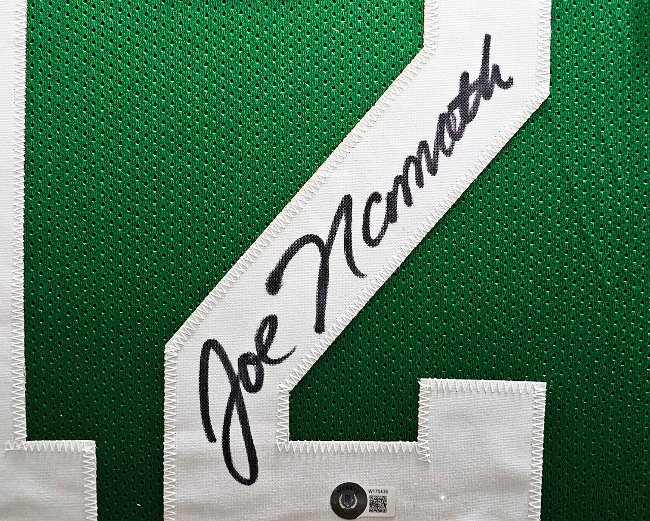 New York Jets Joe Namath Autographed Green Jersey Beckett BAS Witness Stock  #212600 - Mill Creek Sports
