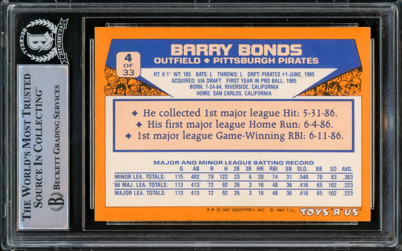 Barry Bonds Autographed 1987 Topps Rookie Card #320 Pittsburgh Pirates  Vintage Signature Beckett BAS #14066001 - Mill Creek Sports