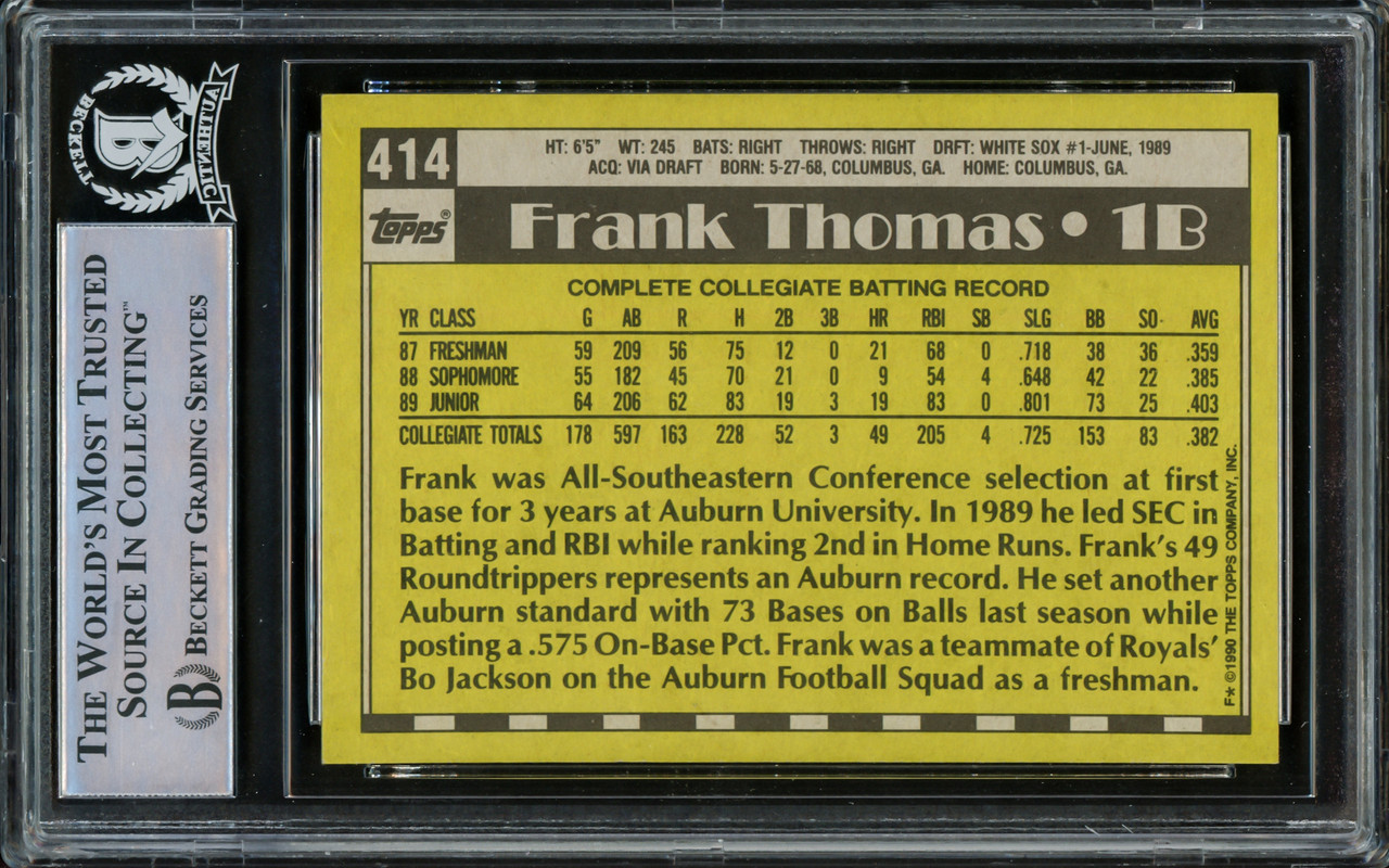 Frank Thomas Chicago White Sox Autographed 1990 Topps #414 Beckett Fanatics Witnessed Authenticated 10 Rookie Card