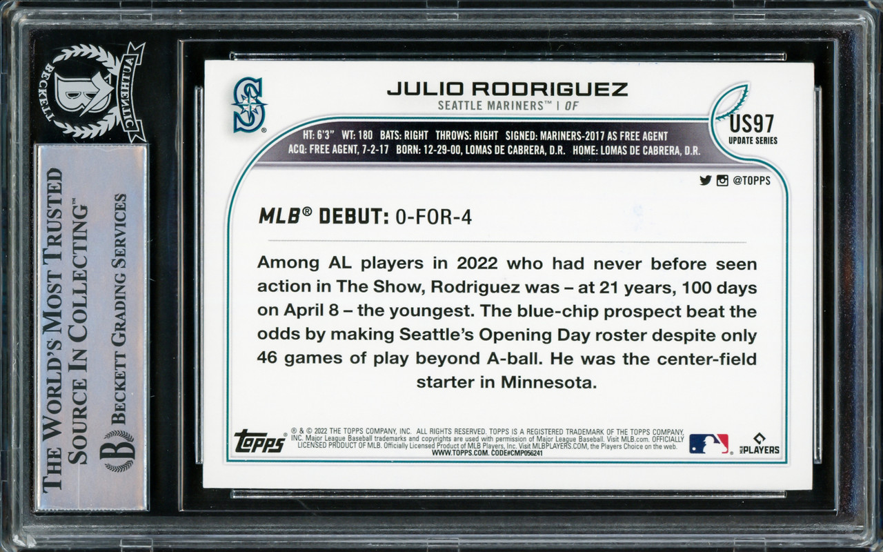 Julio Rodriguez Autographed 2022 Topps Update Rookie Card #US97 Seattle  Mariners Beckett BAS Stock #216868 - Mill Creek Sports