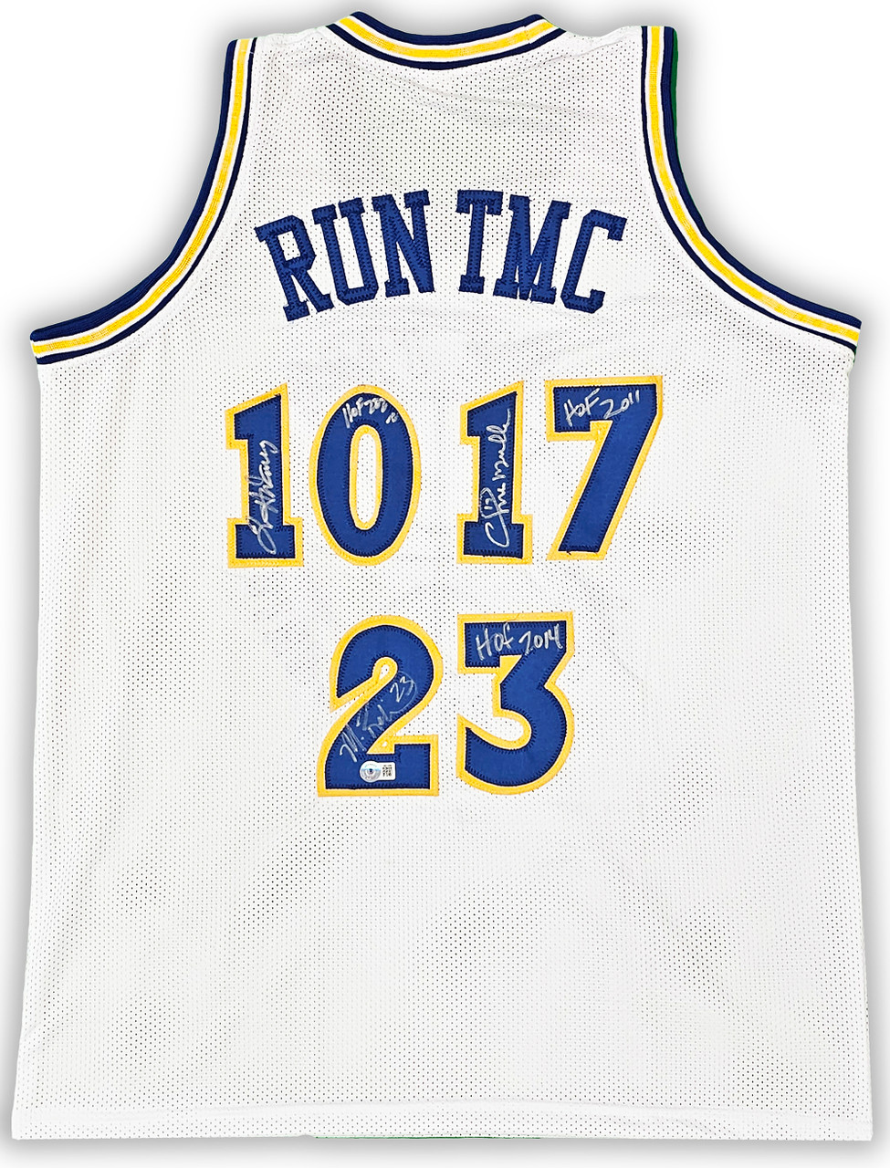 Golden State Warriors Chris Mullin, Tim Hardaway & Mitch Richmond  Autographed Dark Blue Jersey Run TMC HOF Beckett BAS Witness Stock #216820