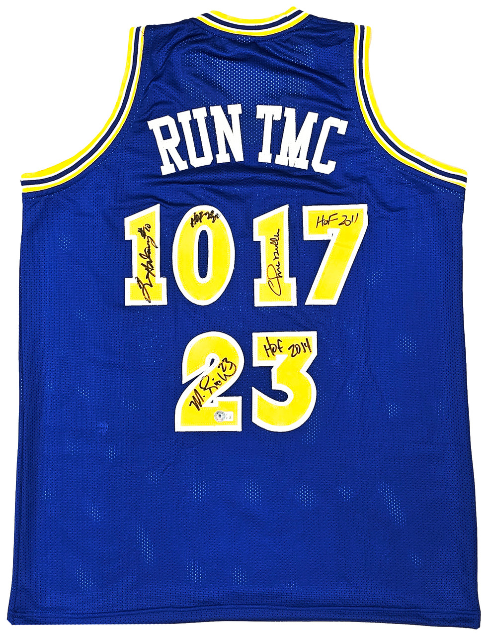 Golden State Warriors Chris Mullin, Tim Hardaway & Mitch Richmond  Autographed Yellow Jersey Run TMC Beckett BAS Witness Stock #216823