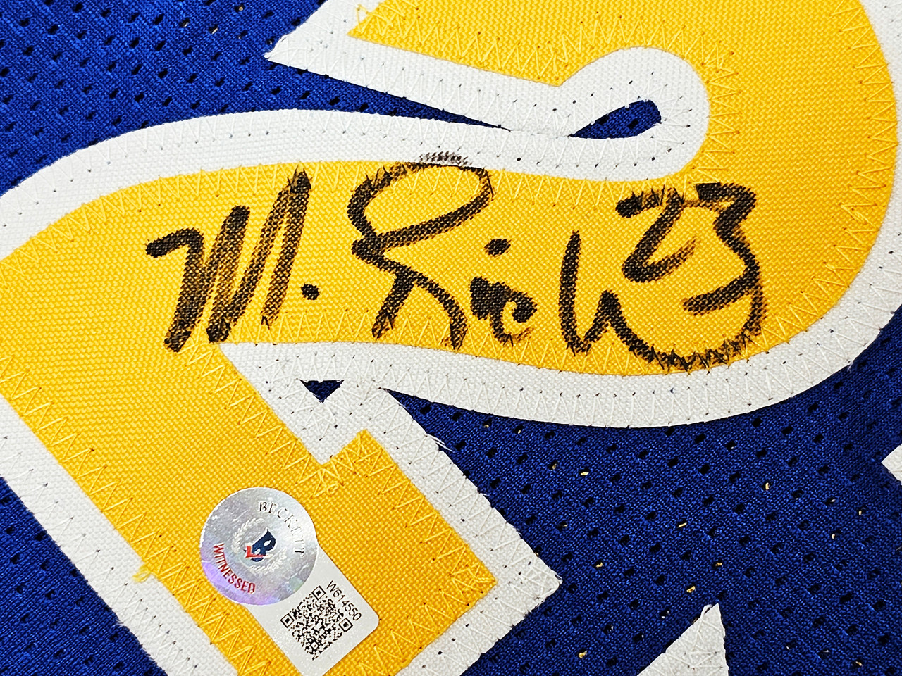 Golden State Warriors Chris Mullin, Tim Hardaway & Mitch Richmond Autographed Blue Jersey Run TMC HOF Beckett BAS Witness