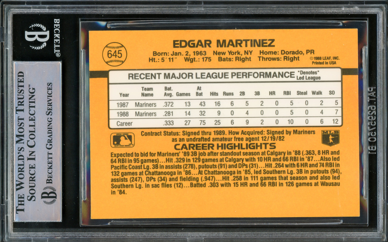 Edgar Martinez Rookie Card 1988 Donruss The Rookies #36 PSA 8