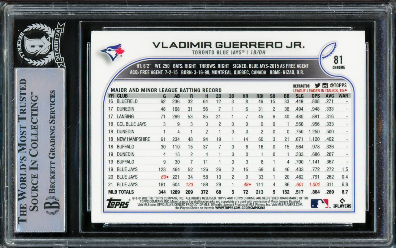 Vladimir Guerrero Jr. Autographed 2022 Topps Chrome Refractor Card #81  Toronto Blue Jays Beckett BAS #15780946