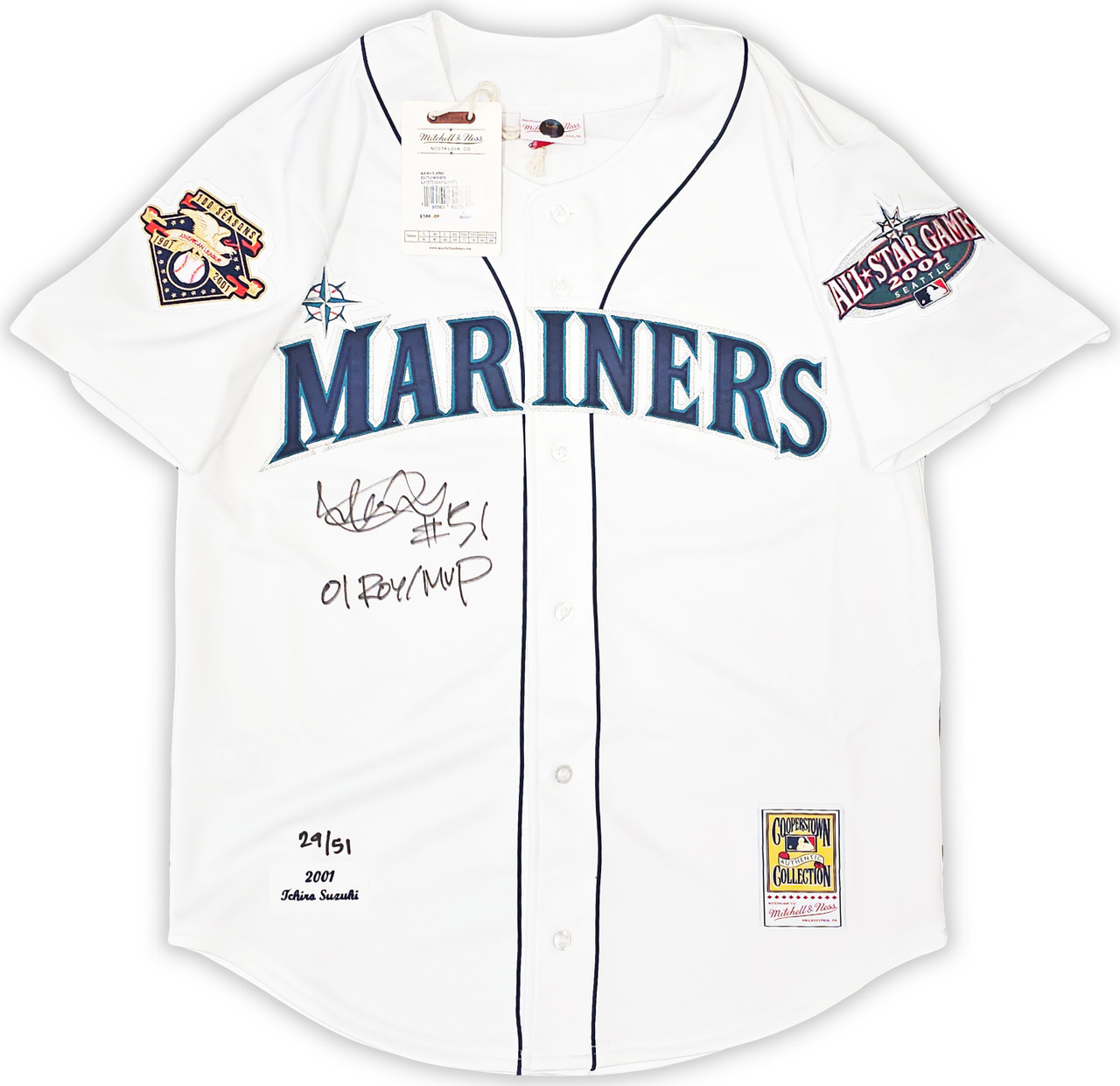 Seattle Mariners Ichiro Suzuki Autographed White Authentic Mitchell & Ness  2001 All Star Patch Jersey Size 44 01 ROY/MVP IS Holo Stock #217973 -  Mill Creek Sports