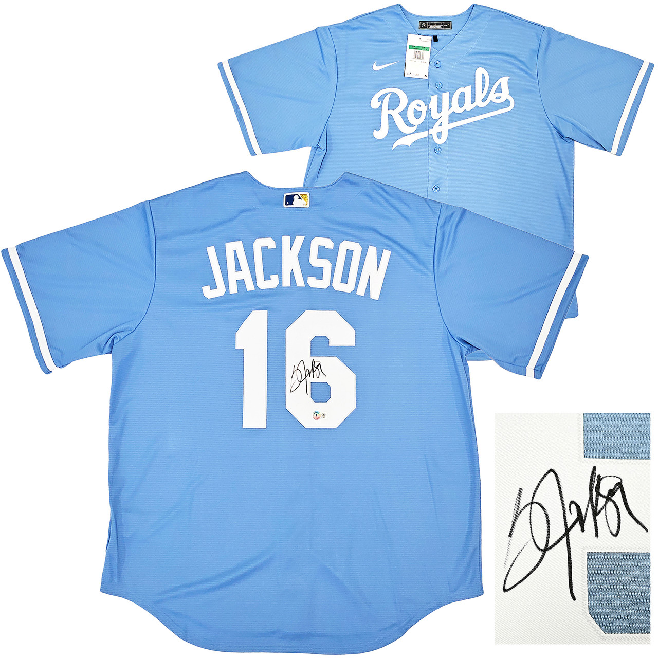 Kansas City Royals Bo Jackson Autographed Light Blue Nike Jersey Size XL  Beckett BAS Witness Stock #