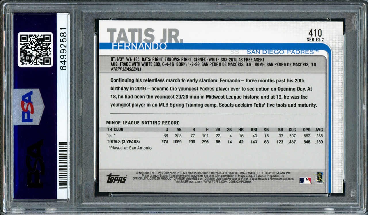 Fernando Tatis Jr. Autographed 2019 Topps All-Star Rookie Card #410 San  Diego Padres BGS 9 Auto Grade Gem Mint 10 Beckett BAS #15350433 - Mill  Creek Sports