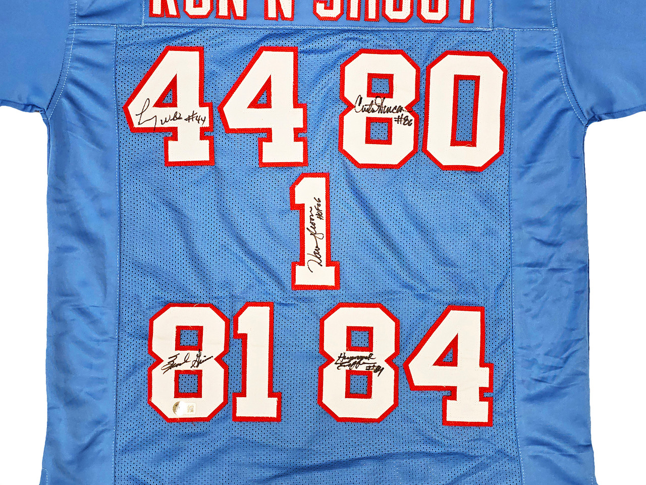 Houston Oilers Run & Shoot Autographed Baby Blue Jersey With 5 Signatures  Including Warren Moon Beckett BAS Witness Stock #220384 - Mill Creek Sports