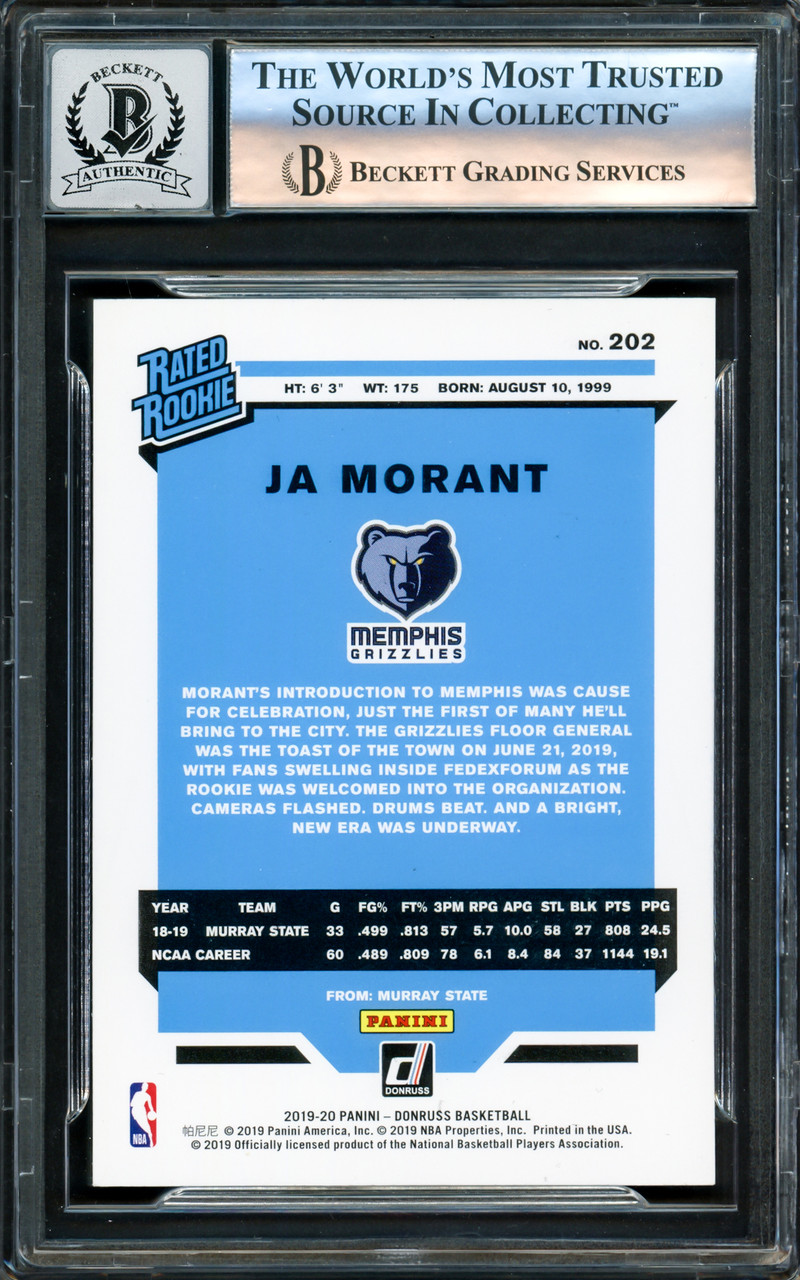 Ja Morant Autographed 2019-20 Donruss Rookie Card #202 Memphis  