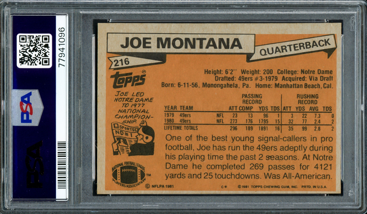 Joe Montana Autographed 1981 Topps Rookie Card #216 San Francisco