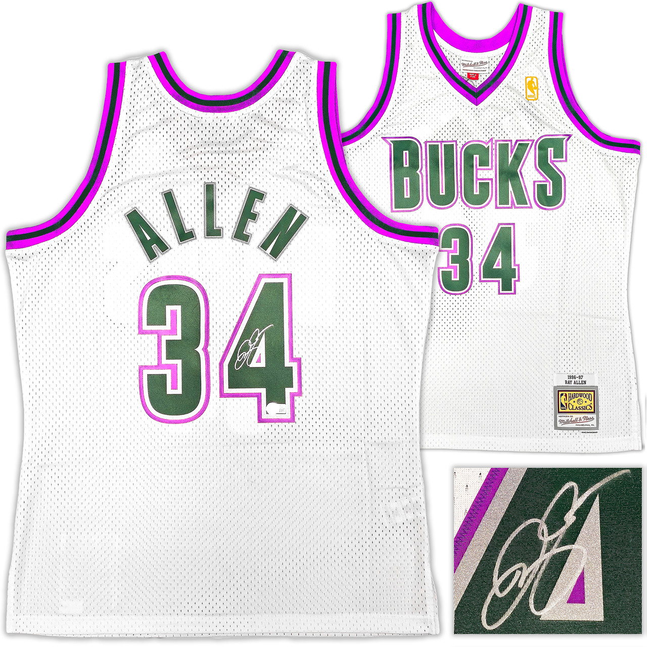 Milwaukee Bucks Ray Allen Autographed White Authentic Mitchell 