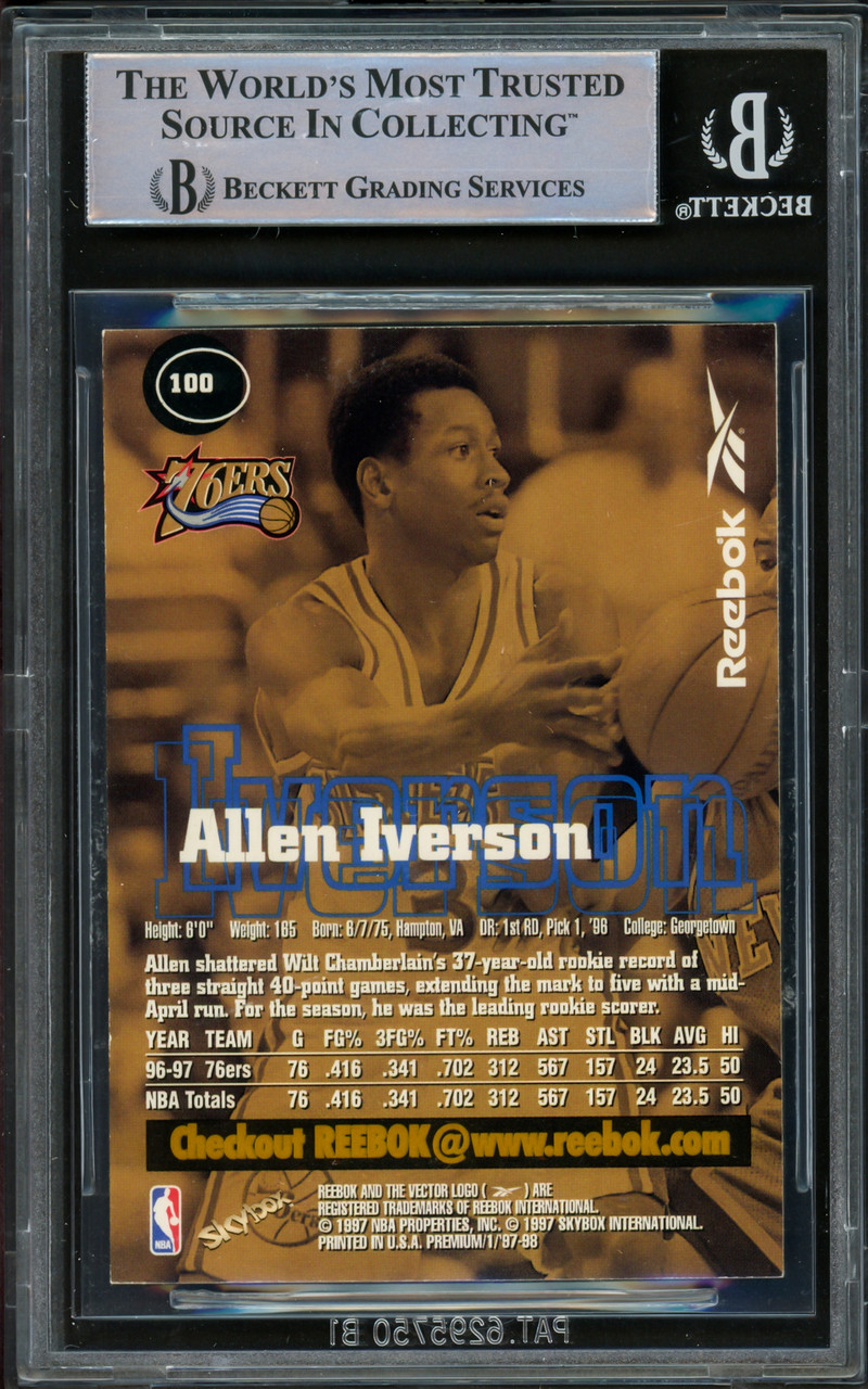 Allen Iverson Autographed 1997-98 Skybox Premium Reebok Gold Card