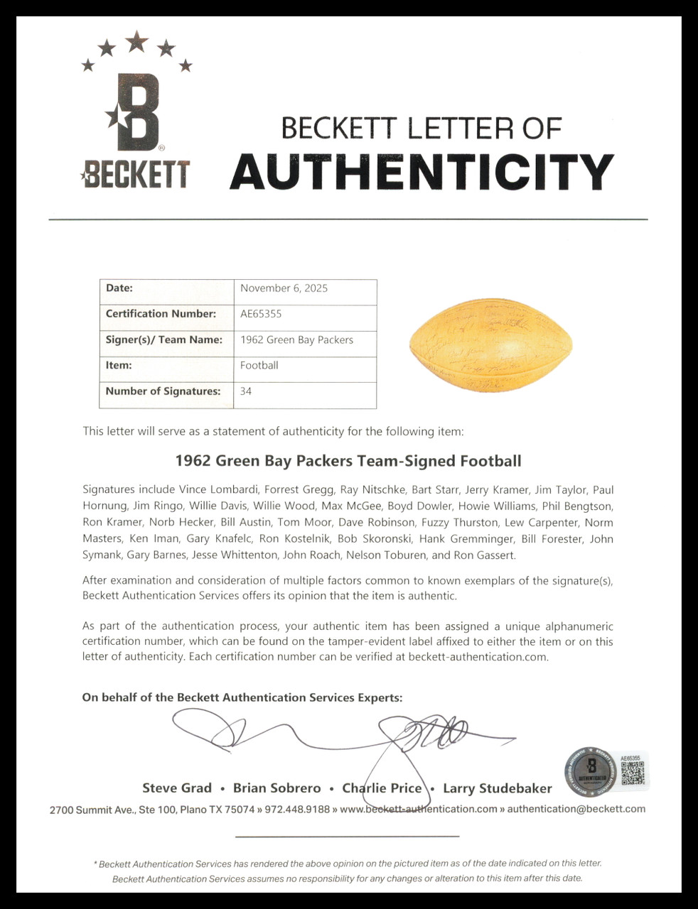 1962 Green Bay Packers NFL Champions Autographed Official NFL
