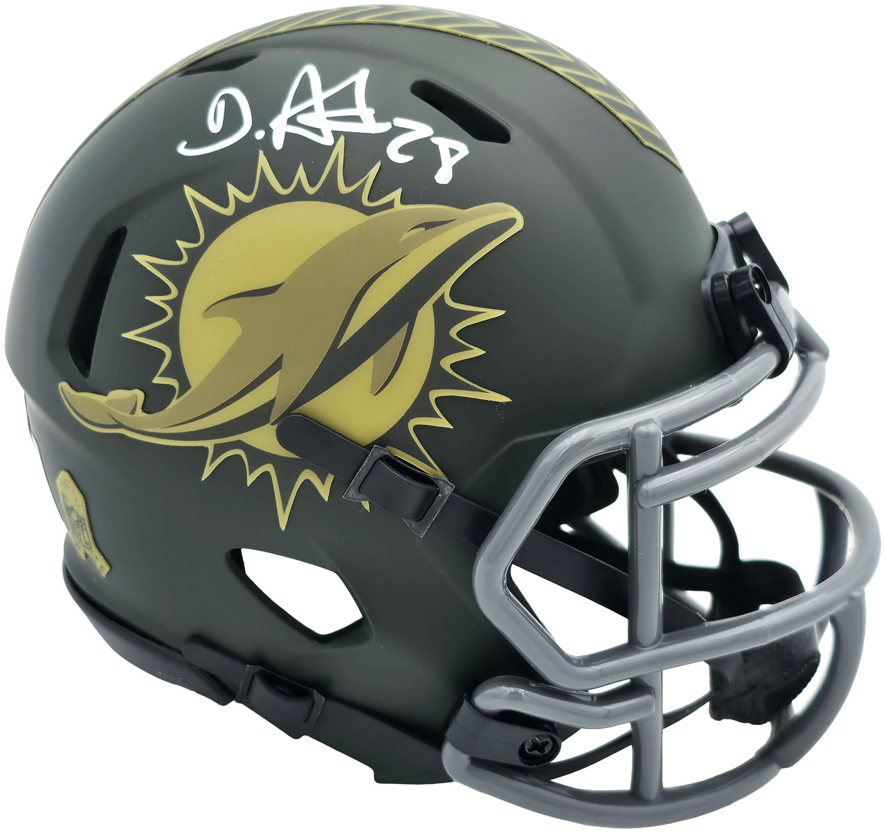 dark green football helmets De'Von Achane Autographed Miami Dolphins Dark Green 2025 Salute to Service  Speed Mini Helmet Beckett BAS Witness Stock #262076