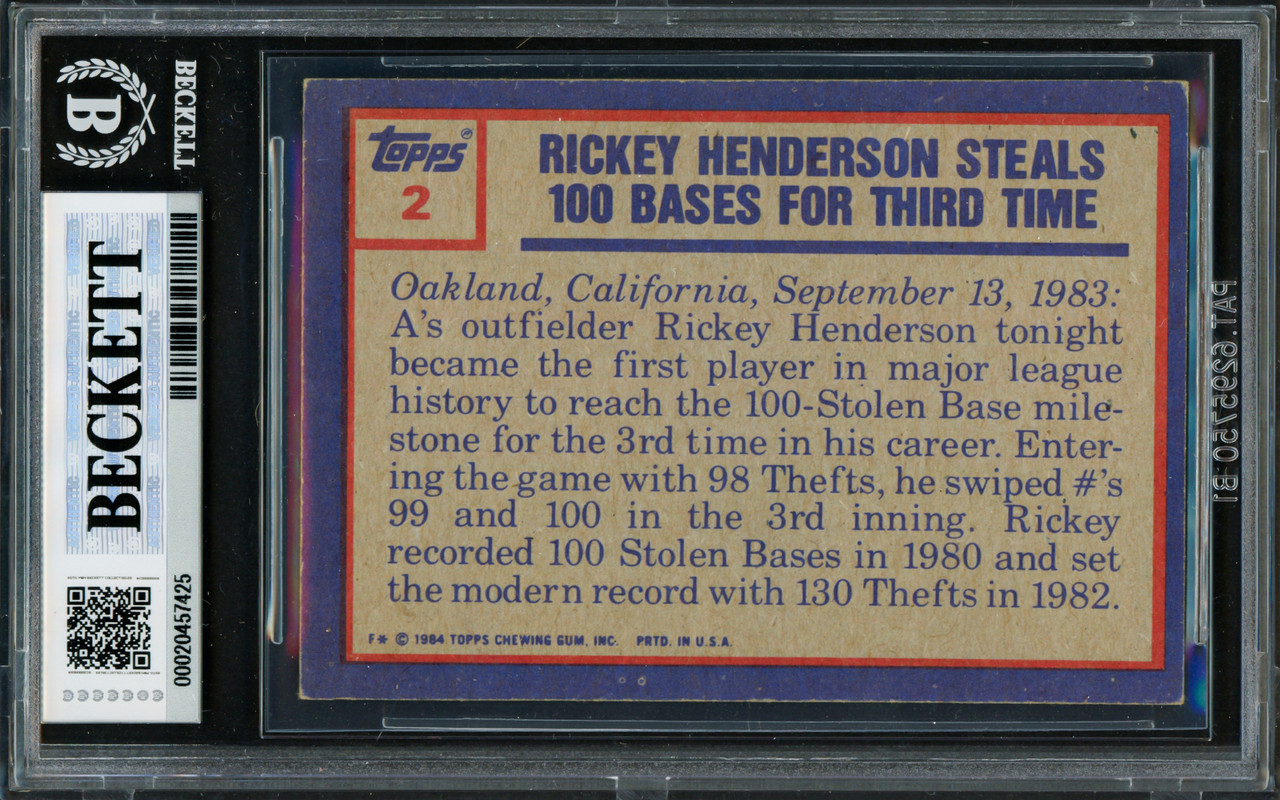 Rickey Henderson Autographed 1984 Topps Card #2 Oakland A's