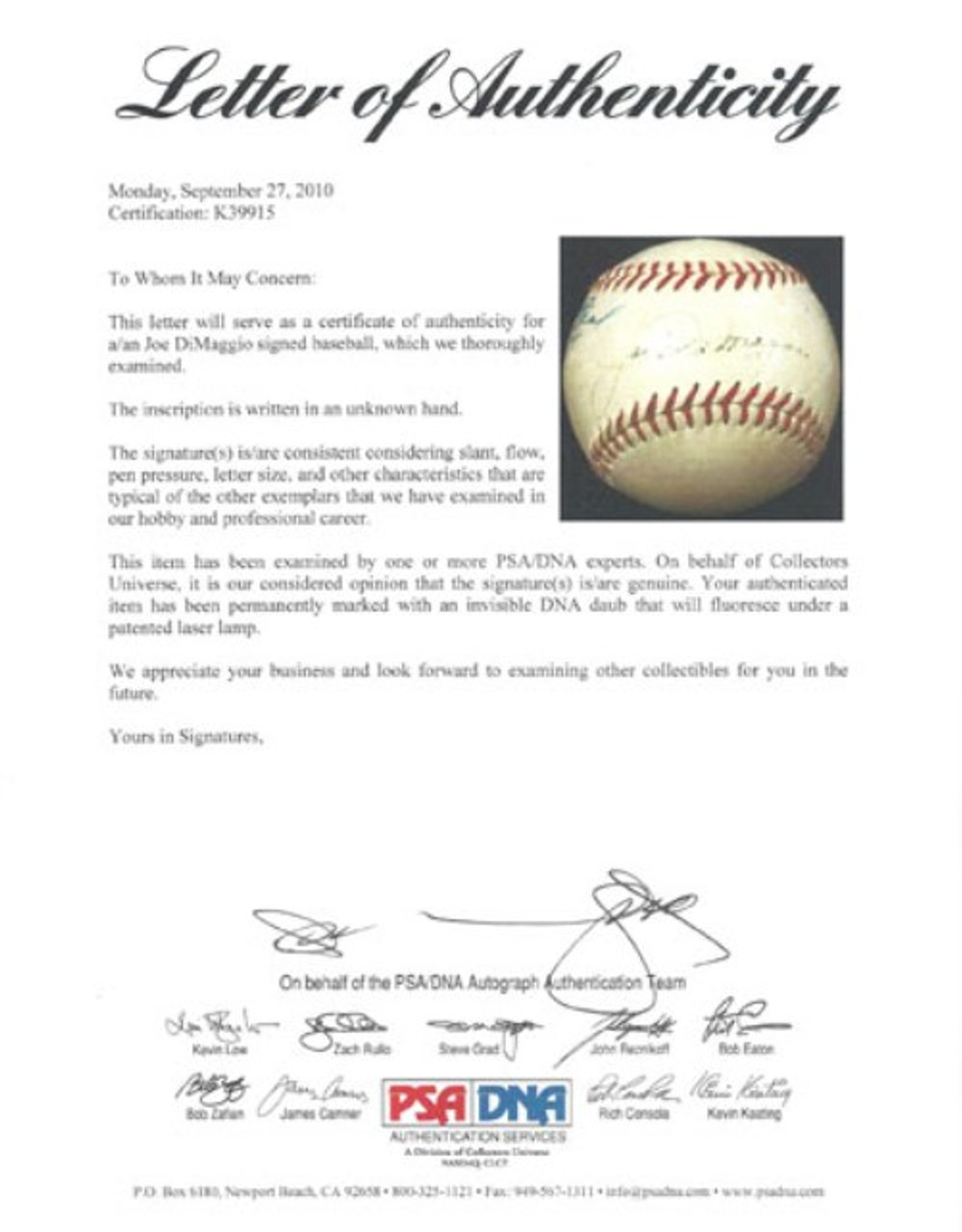 Joe DiMaggio Signed Print 16x20 Bowery Ad NY Yankees HOF Autograph