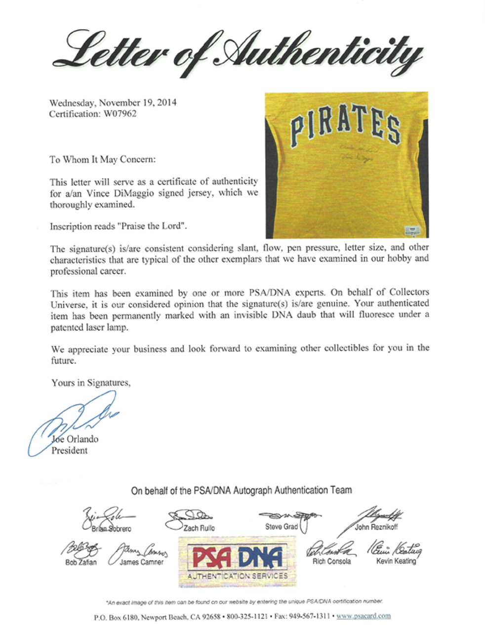 Pittsburgh Pirates Vince DiMaggio Autographed Yellow Jersey Praise The  Lord PSA/DNA #W07962 - Mill Creek Sports