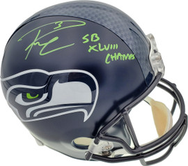 Russell Wilson Autographed Seattle Seahawks Super Bowl Full Size Replica Helmet "SB XLVIII Champs" In Green RW Holo Stock #72350