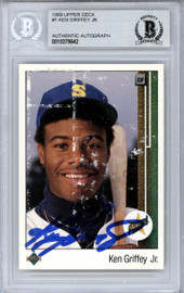 Ken Griffey Jr. Autographed 1989 Upper Deck Rookie Card #1 Seattle Mariners Thad Bosley Back Beckett BAS #10379642