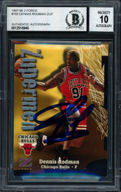 Dennis Rodman Autographed 1997-98 Fleer Z Force Zupermen Card #192 Chicago Bulls Auto Grade 10 Beckett BAS #12518948