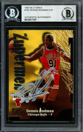 Dennis Rodman Autographed 1997-98 Fleer Z Force Zupermen Card #192 Chicago Bulls Beckett BAS #12517187