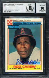 Rod Carew Autographed 1984 Topps Ralston Purina Card #17 California Angels Auto Grade 10 Beckett BAS #12510575