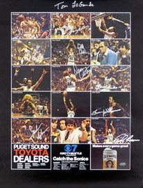 1978-79 NBA Champions Seattle Supersonics Autographed 17x22 Poster Photo With 9 Total Signatures Including Fred Brown & Lenny Wilkens MCS Holo #51050