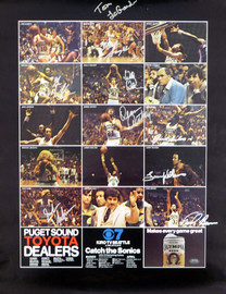 1978-79 NBA Champions Seattle Supersonics Autographed 17x22 Poster Photo With 9 Total Signatures Including Fred Brown & Lenny Wilkens MCS Holo #51045