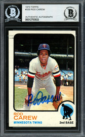 Rod Carew Autographed 1973 Topps Card #330 Minnesota Twins Beckett BAS #12753533