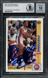 Dennis Rodman Autographed 1991-92 Upper Deck Card #185 Detroit Pistons Auto Grade Gem Mint 10 Beckett BAS Stock #194503