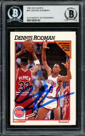 Dennis Rodman Autographed 1991-92 Hoops Card #64 Detroit Pistons Beckett BAS Stock #195016