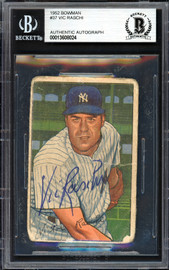 Vic Raschi Autographed 1952 Bowman Card #37 New York Yankees (Back Damage) Beckett BAS #13608024