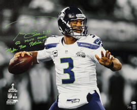 Russell Wilson Autographed Framed 24x30 Canvas Photo Seattle Seahawks "SB XLVIII Make Them Notice!" #1/48 Beckett BAS #WE98425