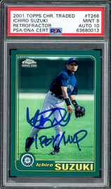 Ichiro Suzuki Autographed 2001 Topps Chrome Traded Retrofractor Rookie Card #T266 Seattle Mariners PSA 9 Auto Grade Gem Mint 10 "01 ROY MVP" PSA/DNA #63680013