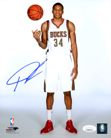 Giannis Antetokounmpo Autographed 8x10 Photo Milwaukee Bucks White Uniform JSA Stock #203023