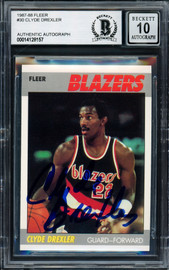 Clyde Drexler Autographed 1987-88 Fleer Card #30 Portland Trail Blazers Auto Grade Gem Mint 10 Beckett BAS Stock #205728