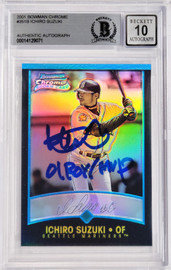 Ichiro Suzuki Autographed 2001 Bowman Chrome Refractor Japanese Rookie Card #351 Seattle Mariners Auto Grade Gem Mint 10 "01 ROY/MVP" Beckett BAS #14129071