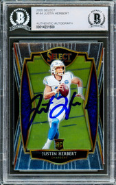 Justin Herbert Autographed 2020 Panini Select Premier Level Rookie Card #144 Los Angeles Chargers Beckett BAS #14231500