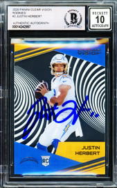 Justin Herbert Autographed 2020 Panini Chronicles Clear Dynagon Rookie Card #CV-3 Los Angeles Chargers Auto Grade Gem Mint 10 Beckett BAS Stock #206681