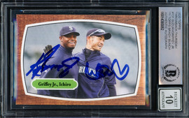 Ken Griffey Jr. & Ichiro Suzuki Autographed 2020 Topps Throwback Thursday Card #131 Seattle Mariners Auto Grade Gem Mint 10 Beckett BAS #14393052