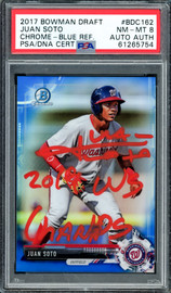 Juan Soto Autographed 2017 Bowman Draft Chrome Blue Refractor Rookie Card #BDC162 New York Yankees PSA 8 "2019 WS Champs" #84/150 PSA/DNA #61265754