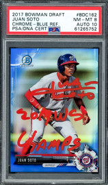 Juan Soto Autographed 2017 Bowman Draft Chrome Blue Refractor Rookie Card #BDC162 New York Yankees PSA 8 Auto Grade Gem Mint 10 "2019 WS Champs" #36/150 PSA/DNA #61265752